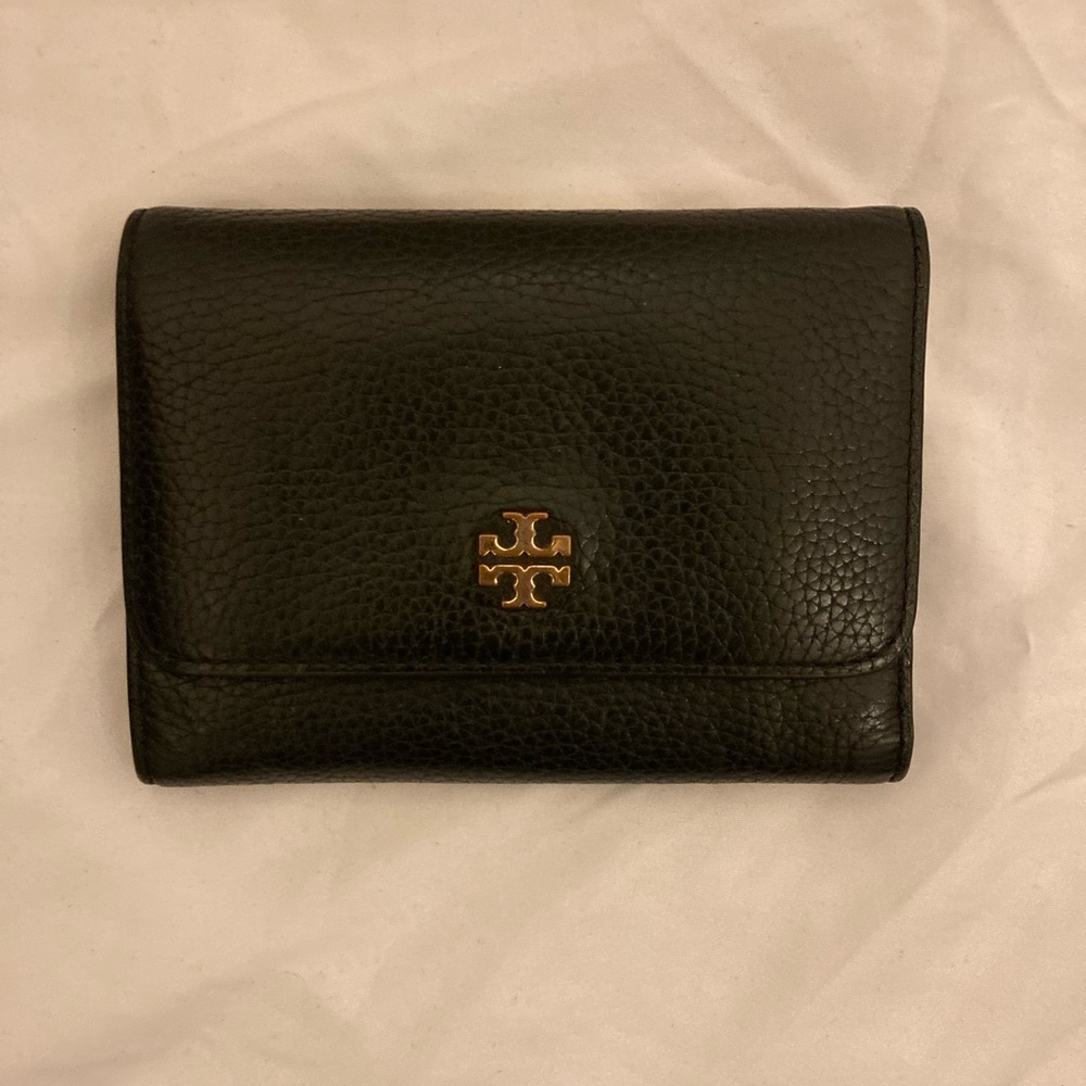 Tory Burch Black Pebbled Leather Card Wallet with Gold Logo Text